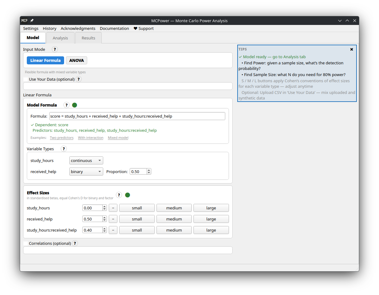 MCPower GUI — Model tab with formula, variable types, and effect sizes