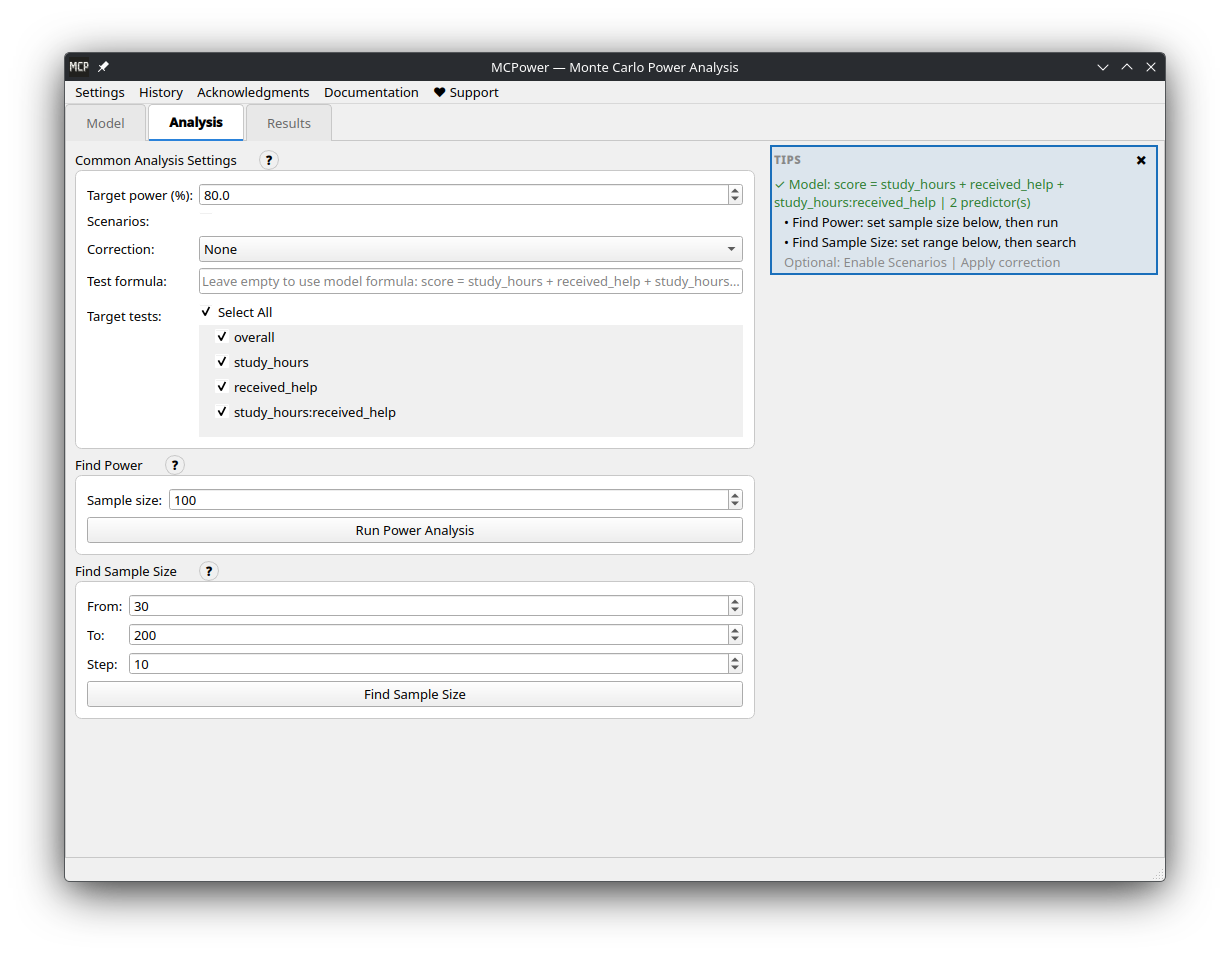 MCPower GUI — Analysis tab with power and sample size settings