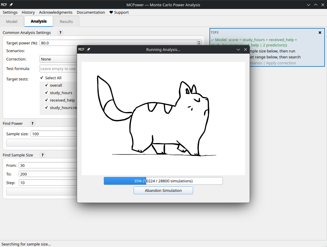 MCPower GUI — Simulation running with progress bar