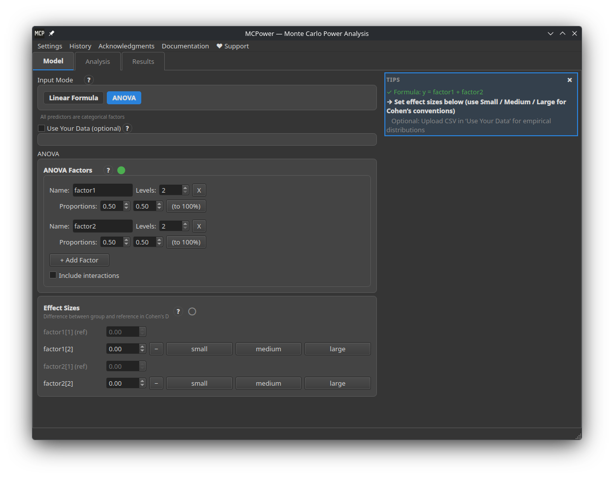 MCPower GUI — ANOVA mode in dark theme